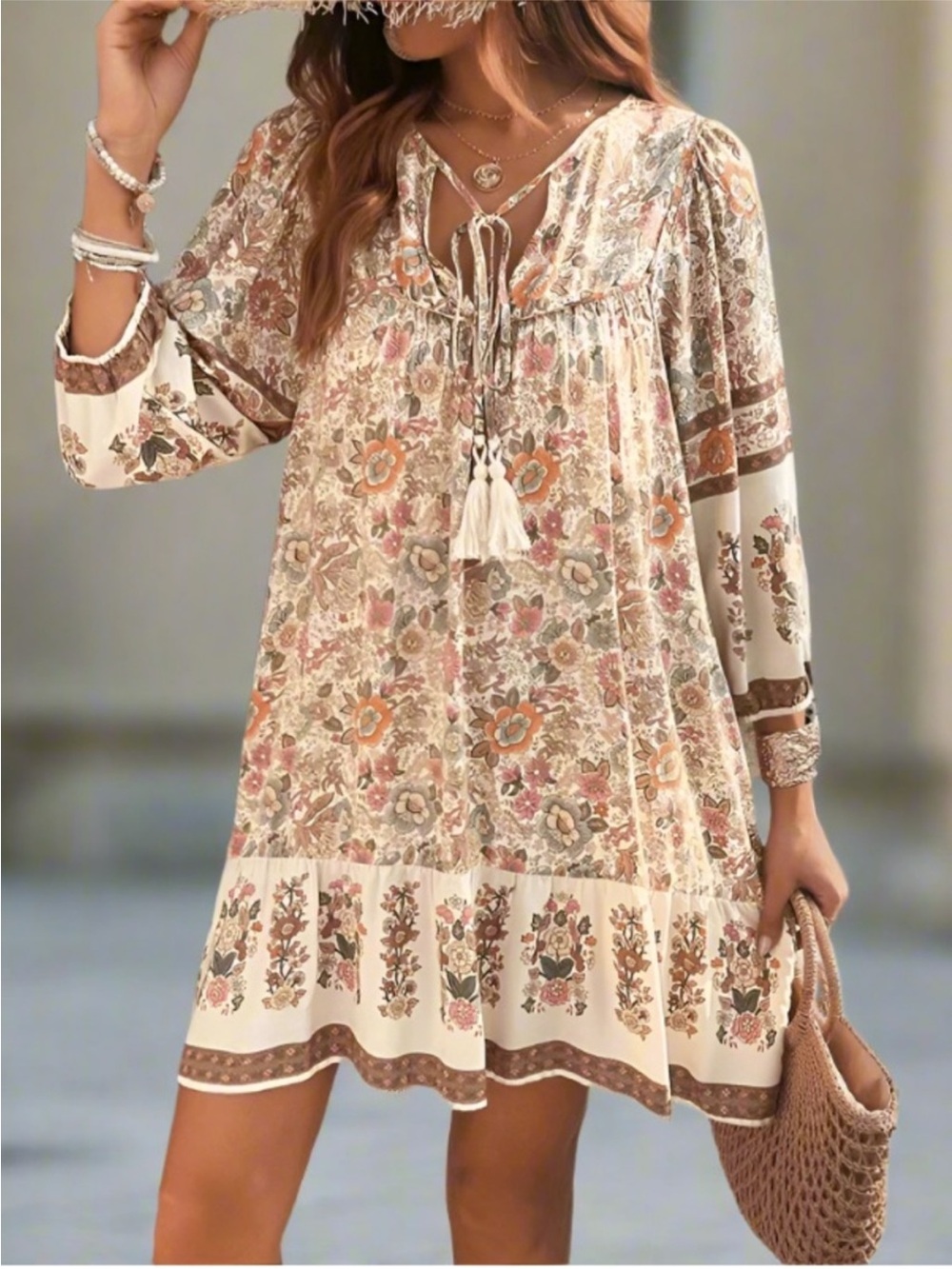 Boho Floral Tassel Tie Shift Dress
